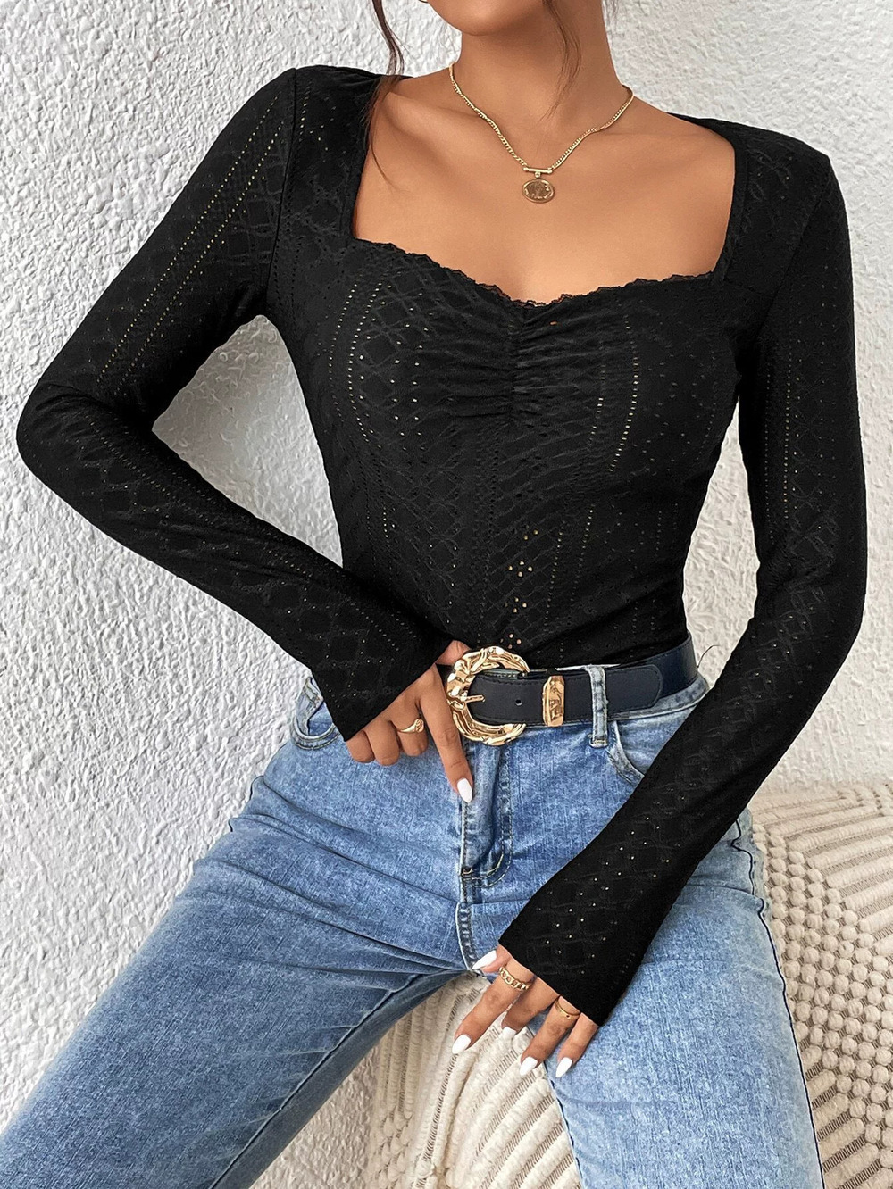ZARA Casual Solid Polyester Square Neck Lace Long Sleeve Slim T-Shirt Fall
